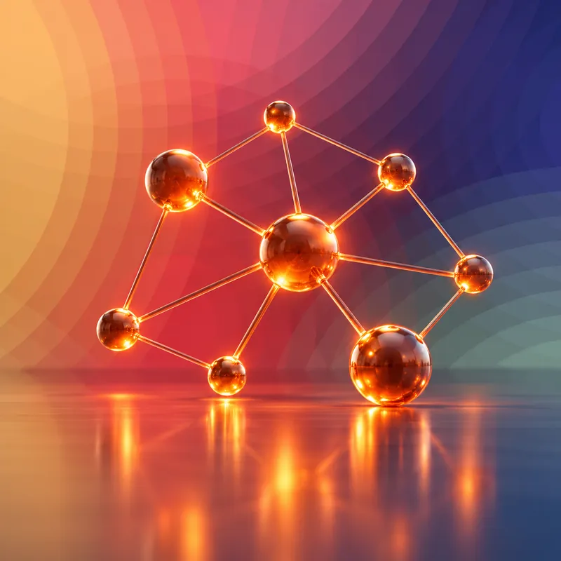 A network of glowing ember nodes joined by fine lines, on Rosetta Technologies' brand art