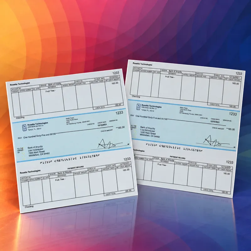 Two printed color voucher checks on Rosetta Technologies' brand art