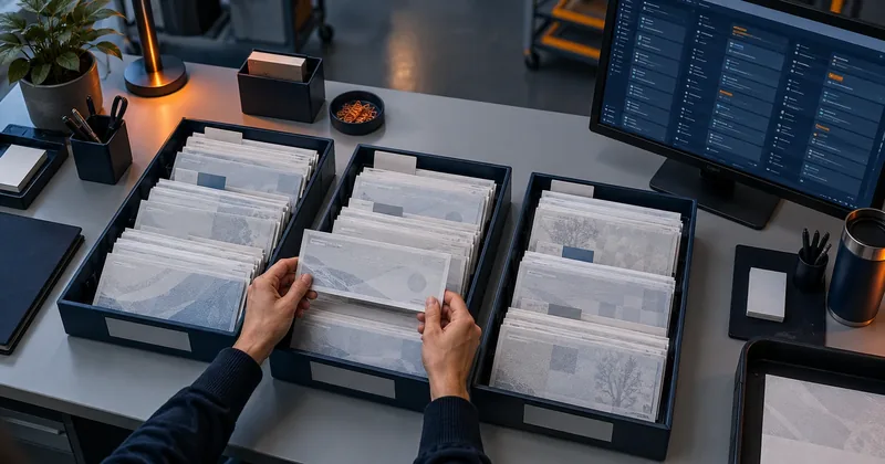 An operator working through sorted trays of returned check items at a desk, with a queue of records listed on the monitor beside them