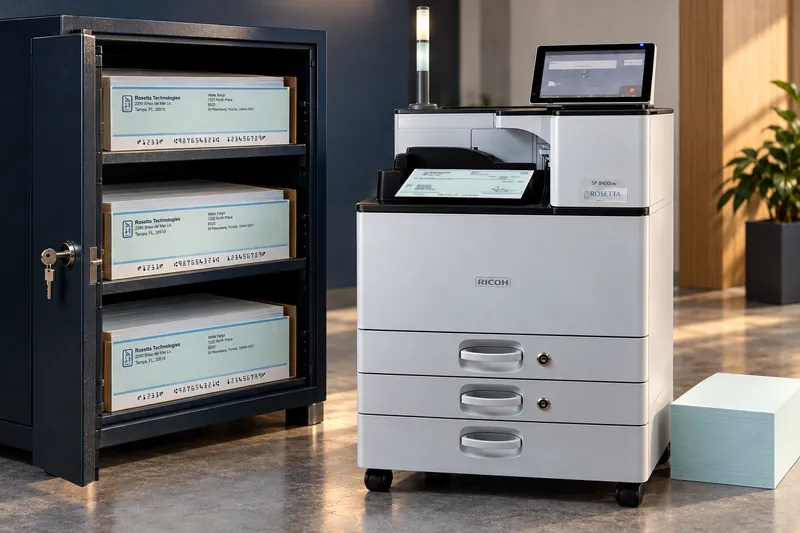 A locked cabinet holding pre-printed check stock for three accounts, beside an SP 8400DNM MICR printer with a finished check in its output tray and a stack of blank stock on the floor