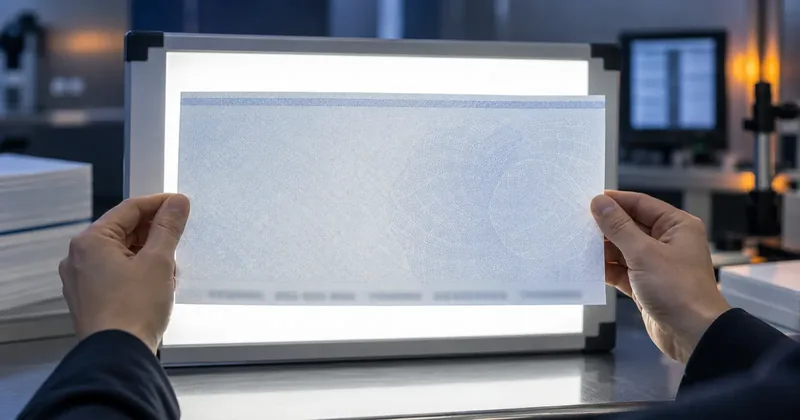 A sheet of check stock held up against a light box so the security weave and watermark show through