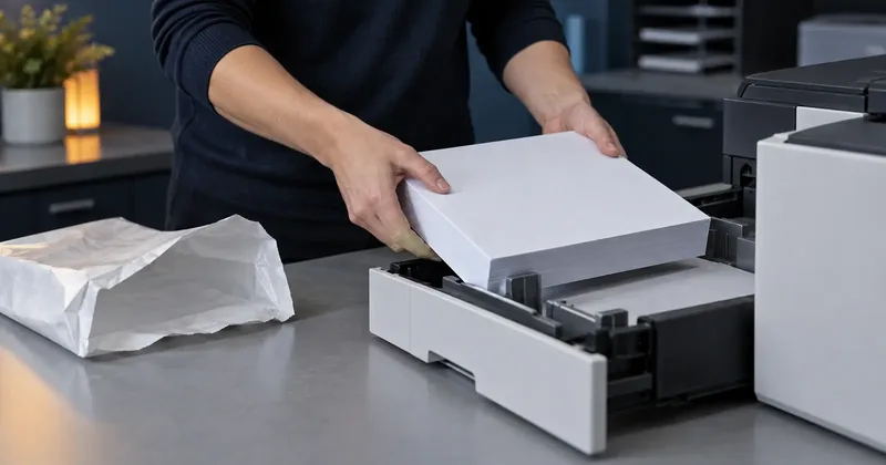 A ream of blank check stock being lifted out of its wrapper and set into a printer tray, with the wrapper still on the bench