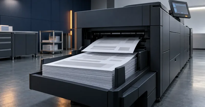 A production printer running a long job seen from the output end, sheets stacking in the tray in an otherwise empty room