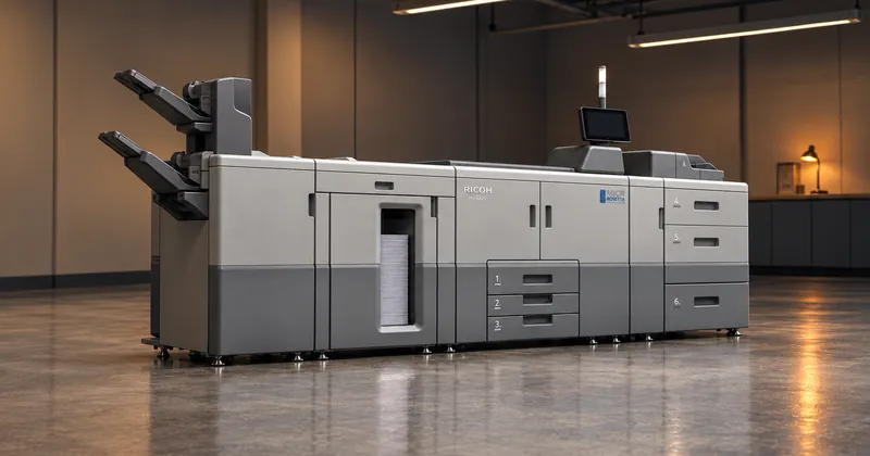 A Rosetta Technologies Pro 8420M production MICR system in an empty production room at night, a tall stack of printed sheets in its stacker