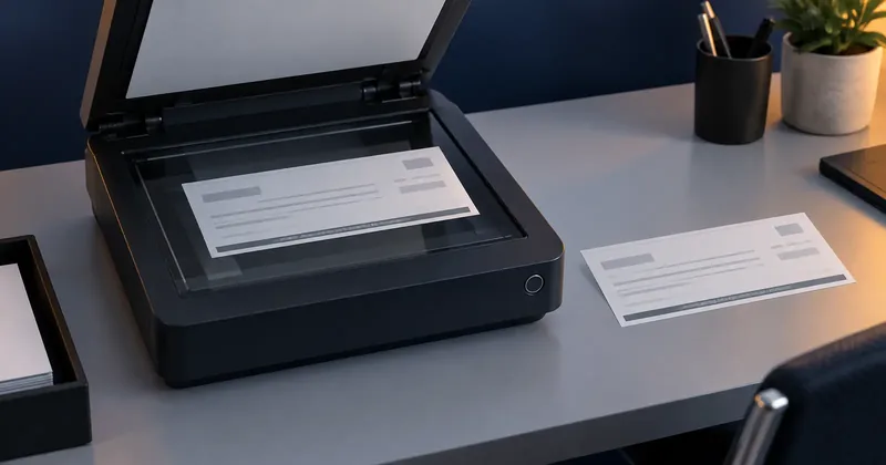 A flatbed scanner with its lid raised and a document on the glass, with a printed reproduction of the same document lying beside it