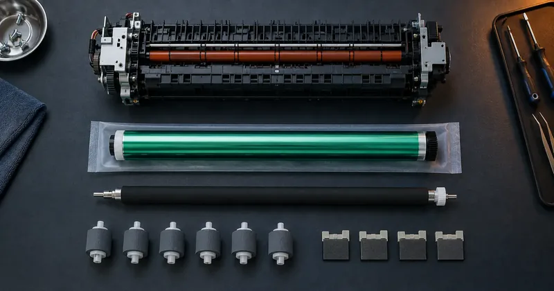The contents of a maintenance kit laid out flat and spaced apart on a dark surface, photographed from above: fuser, drum, transfer roller, pickup rollers and separation pads