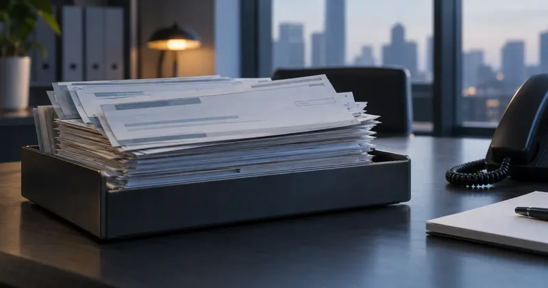 A tray of returned check items on a desk beside a telephone and a notepad, noticeably fuller than it should be