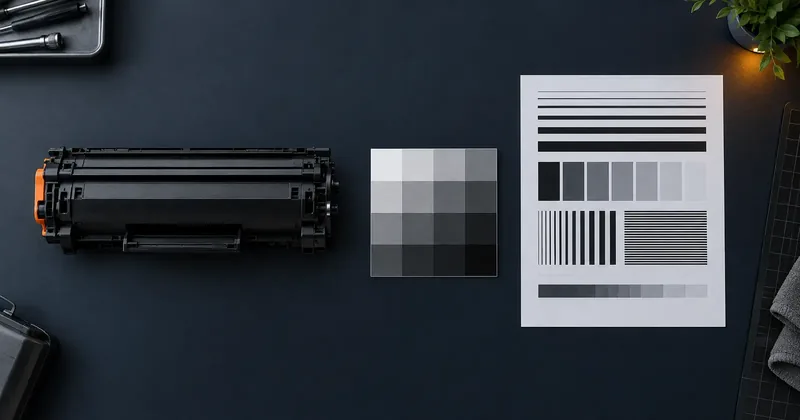A toner cartridge, a printed calibration target and a grayscale step wedge arranged in a row on a dark bench, lit evenly and photographed from above