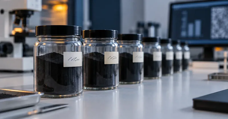 A row of identical unlabeled sample jars of black toner on a laboratory bench, each with a small handwritten tag, receding into shallow focus