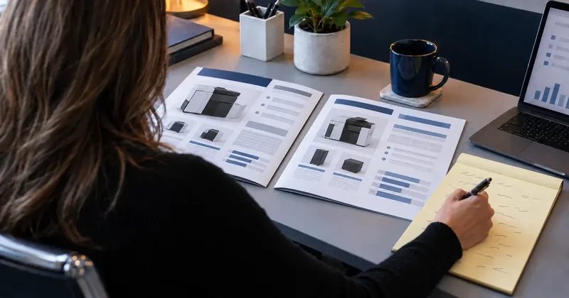 A buyer at a desk with two vendor brochures open side by side and a handwritten list of questions on a pad, pen in hand