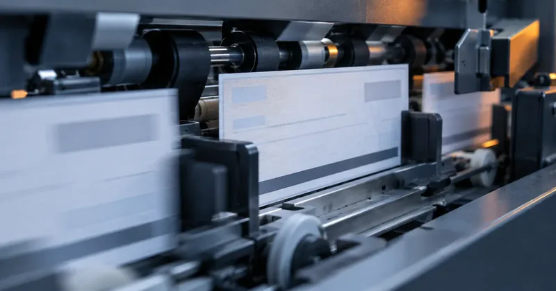A bank reader/sorter transport in motion, documents traveling through a narrow track with one sheet held sharp