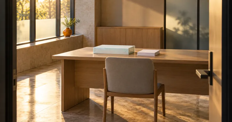 A quiet payroll office at dawn, a sealed ream of blank check stock and a stack of plain envelopes squared on an empty desk.