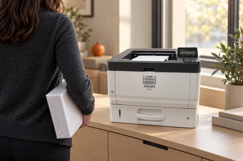 A person seen from behind standing beside a P 501M desktop MICR printer mid-run, holding a sealed ream of check stock ready to reload.