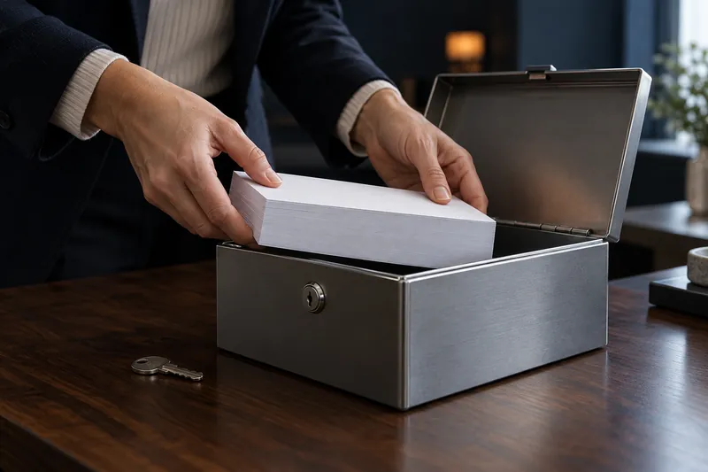 Two hands lowering a squared stack of face-down printed checks into an open steel lockbox on a desk.