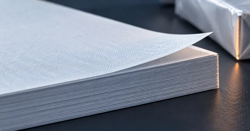 Macro view of the cut edge of a stack of blank check safety paper with the top sheet lifted