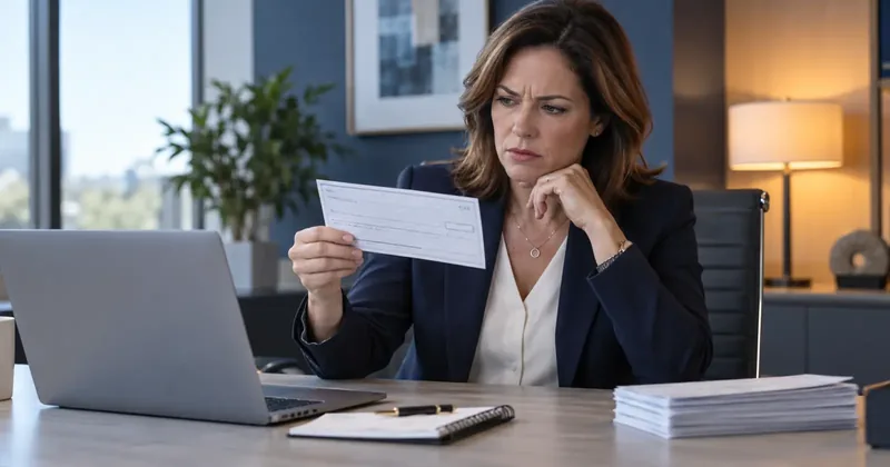 A finance professional examining a single check document at her desk beside a stack of others