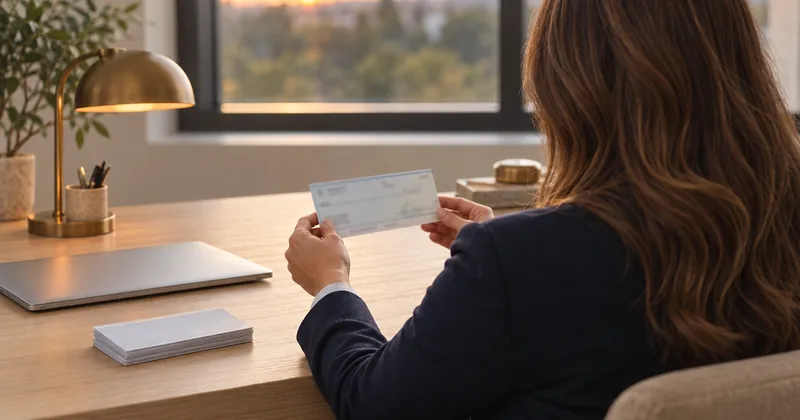 A finance professional, seen from behind, studying a single check at her desk beside a face-down stack of others