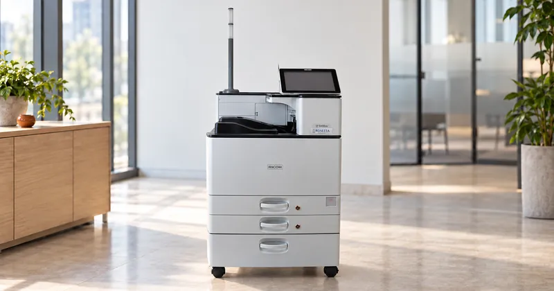 An SP 8400DNM departmental MICR printer standing on its cabinet in a bright open-plan finance office, with no one around it.