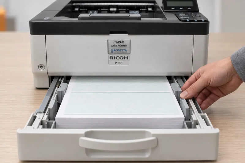 The paper tray of a P 501M desktop MICR printer pulled open and loaded with blank check stock, a hand squaring the stack.