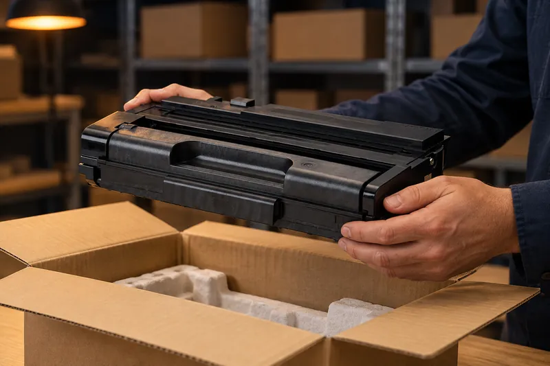Two hands lifting a MICR toner cartridge out of its opened carton on a workbench in a supply room.
