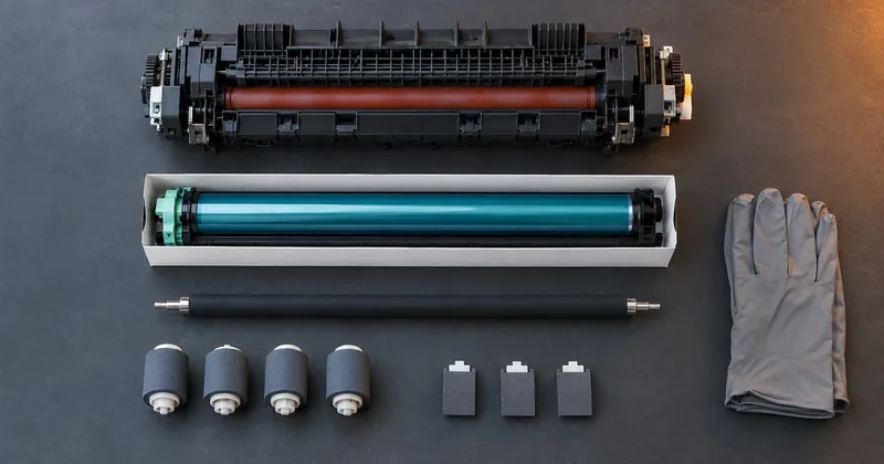 Overhead flat lay of maintenance kit components: fuser assembly, photoconductor drum, transfer roller, pickup rollers, and separation pads