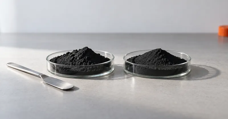 Two shallow glass dishes of fine black toner powder side by side on a pale laboratory bench, lit from one side.