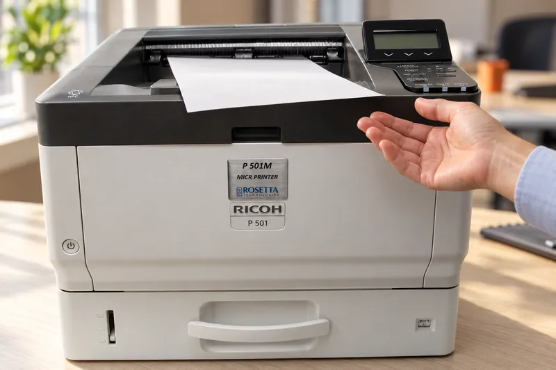 A freshly printed sheet sliding face down into the output tray of a P 501M desktop MICR printer as a hand waits to collect it.