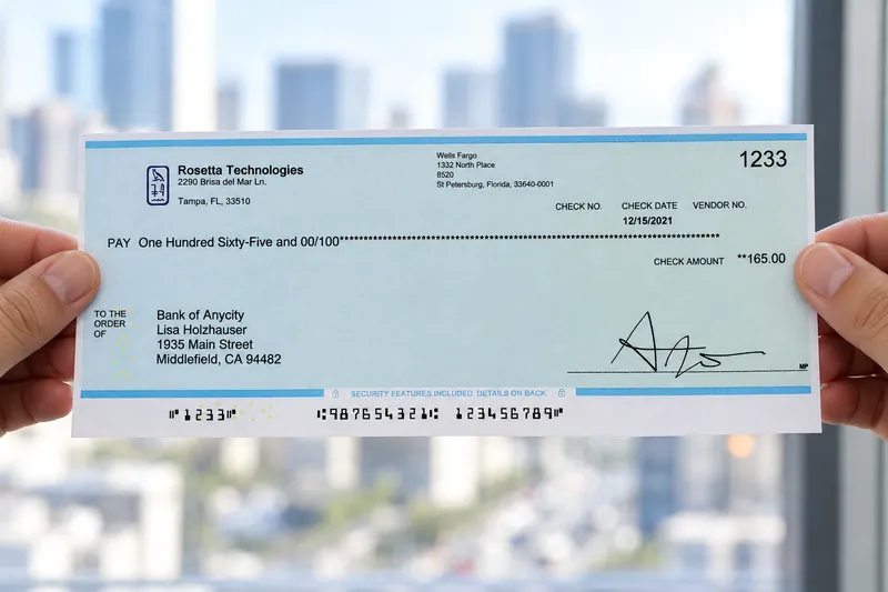 Two hands holding a freshly printed check up toward window light, its MICR line running along the bottom edge.