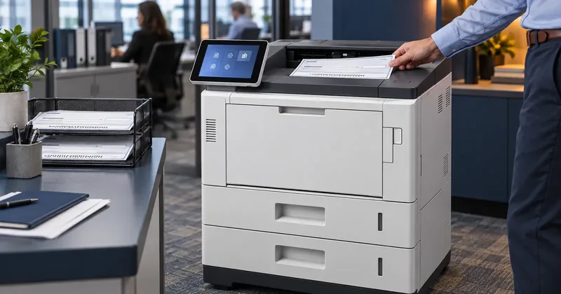 Checks emerging into the output tray of a Rosetta Technologies SP 8400DNM MICR printer in a finance department