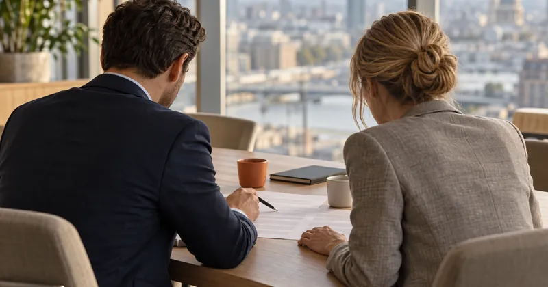 Two professionals, seen from behind, reviewing a printed specification document at a meeting table