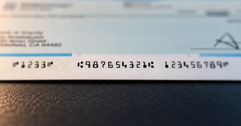 A close view of the magnetic MICR line printed along the bottom edge of a check, lit from the side so the toner stands out.