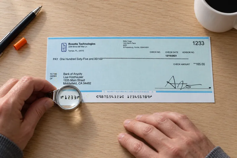 A hand holding a jeweler's loupe over the MICR line of a printed check lying on a light oak desk.