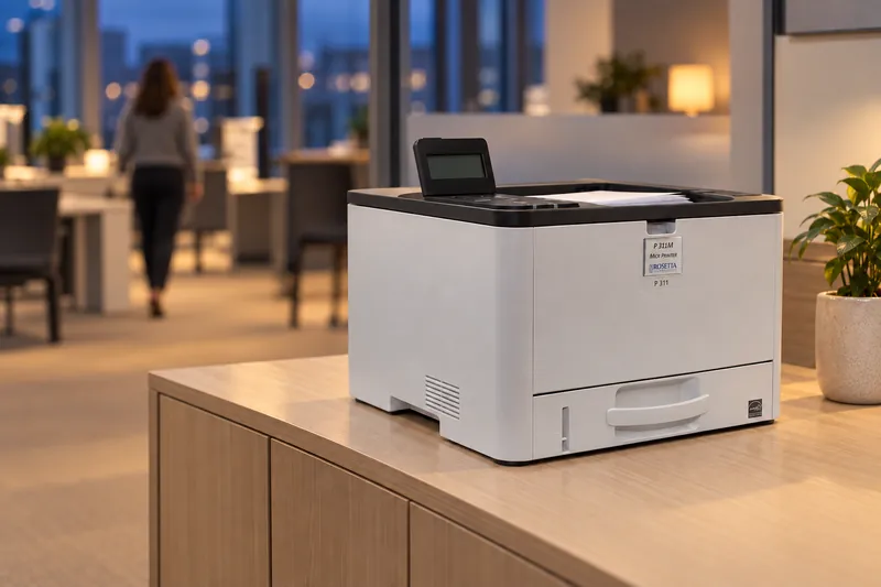 A P 311M desktop MICR printer in an accounts payable office, printed sheets stacking in its output tray as a colleague walks over.