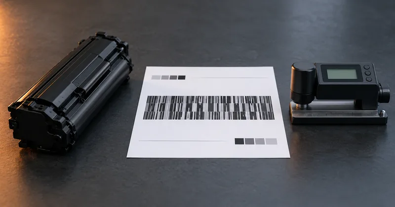 A MICR toner cartridge, a printed test sheet, and a signal measuring instrument arranged in a row