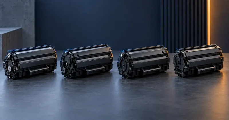Four MICR toner cartridges arranged in a row, each turned at a slightly different angle