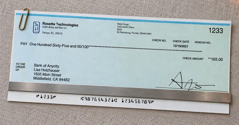 A check lying on a gray linen desk mat with a plain steel straightedge resting just above the MICR line along its bottom edge.