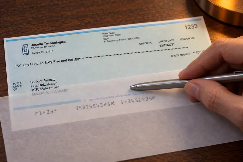 A sheet of tracing paper laid over the bottom of a check, the MICR line showing faintly through it, a hand holding a pen just above the line.