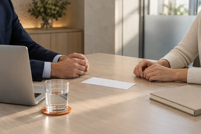 Two people at a conference table, hands folded on either side of a sample check lying face down beside an open laptop.