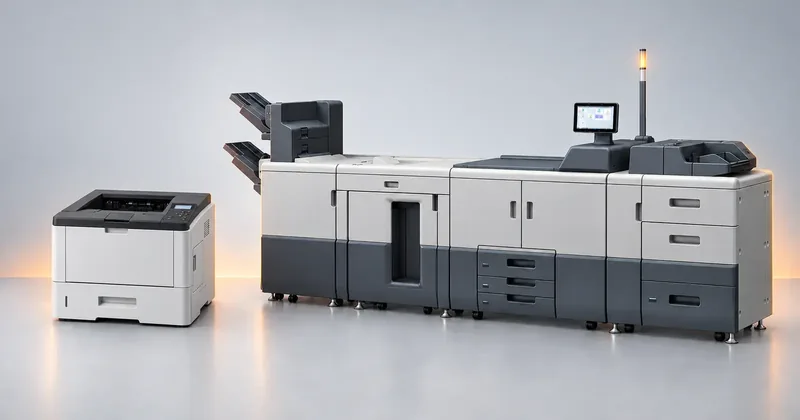 A Rosetta Technologies P 501M desktop MICR printer beside a Pro 8410M production system, showing the difference in scale