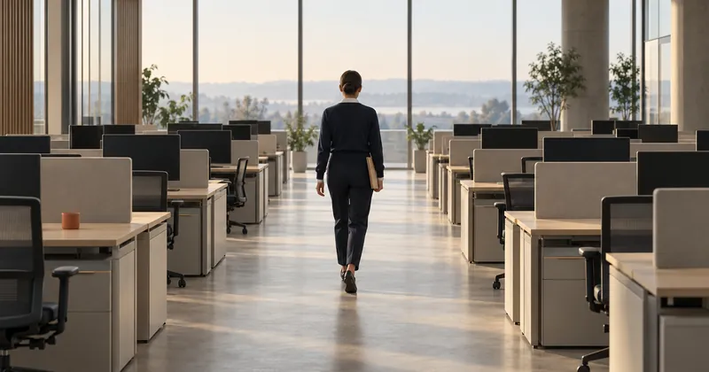 An empty bank operations floor in early morning light, a person seen from behind walking down the center aisle carrying a manila folder.