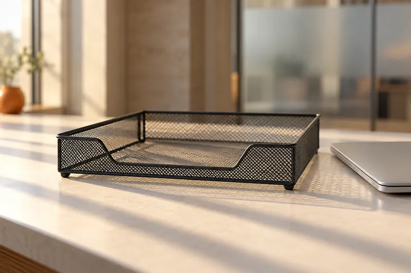 An empty wire in-tray on a pale desk in morning light, a closed laptop at its edge.
