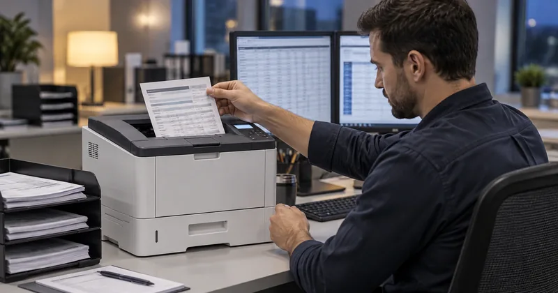 An operations specialist lifting a printed Image Replacement Document from the output tray of a Rosetta Technologies P 501M MICR printer