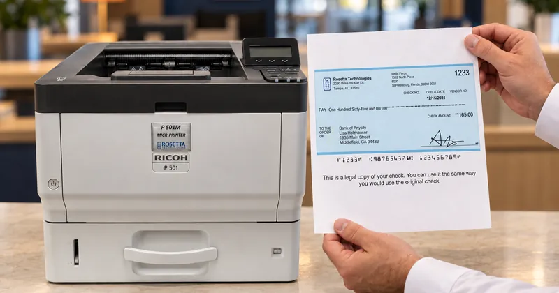 Hands holding a printed Image Replacement Document beside a Rosetta Technologies P 501M MICR printer, the check image, MICR line and legal copy legend facing the camera