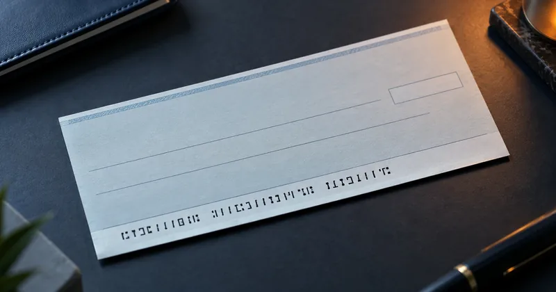 Close overhead view of a business check with the magnetic ink character line along its bottom edge catching the light