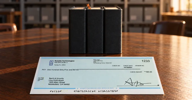 The demo check lying face up in front of three plain hardbound volumes on a walnut table in a quiet reading room.