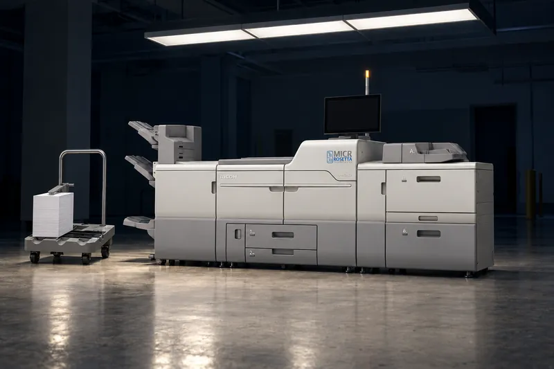 A Pro C7500PM production MICR system standing alone in a dim print room at night, its roll-away stacker holding a tall stack of printed sheets.