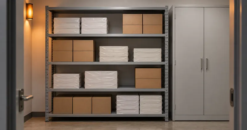 A finance department supply room with steel shelving holding sealed cartons and wrapped reams of blank check safety stock beside a closed storage cabinet.