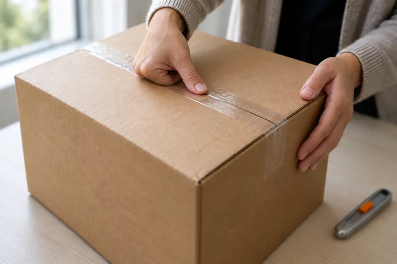 Two hands at a receiving table running a thumb along the unbroken tape seal of a plain carton of check stock.