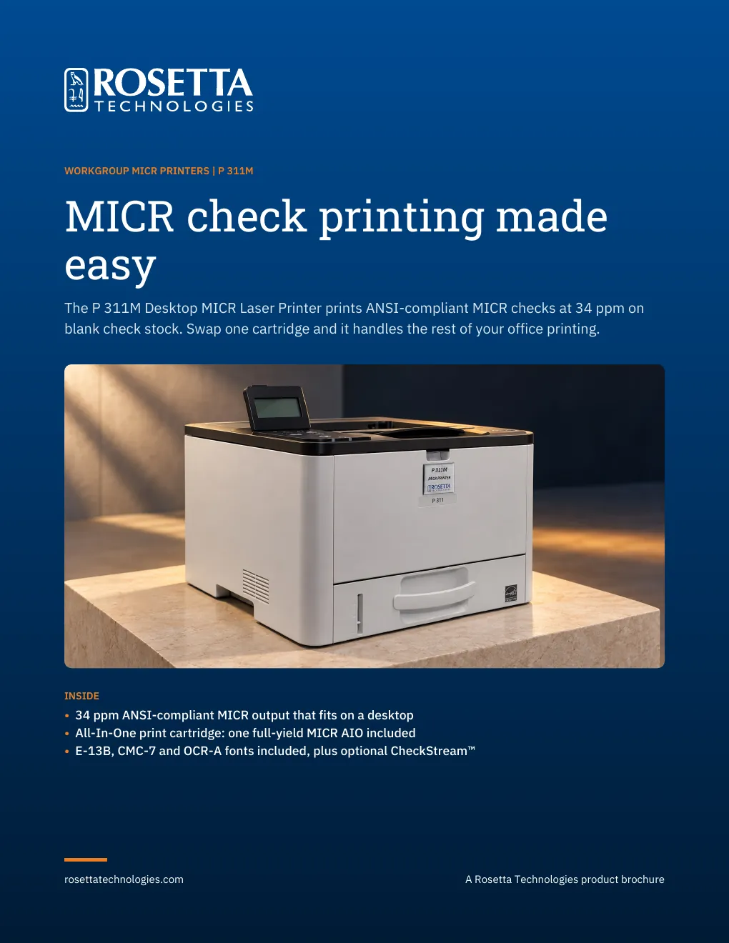 Cover of the P 311M Desktop MICR Printer brochure
