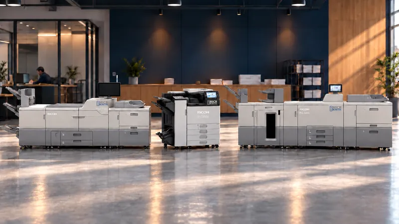 The Pro C7500PM, the IP C8500M and the Pro 8420M side by side on a polished concrete print floor